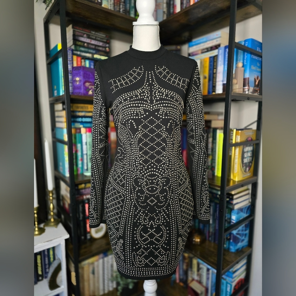 Windsor Black Long Sleeve Geometric Studded Dress